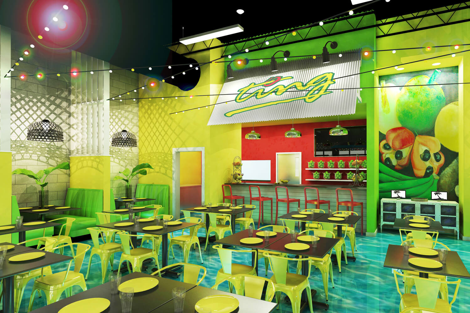 Island Delight Restaurant Designed by Foshee Architecture - Artist Depiction and Rendering of Interior Looking Towards the Juice Bar